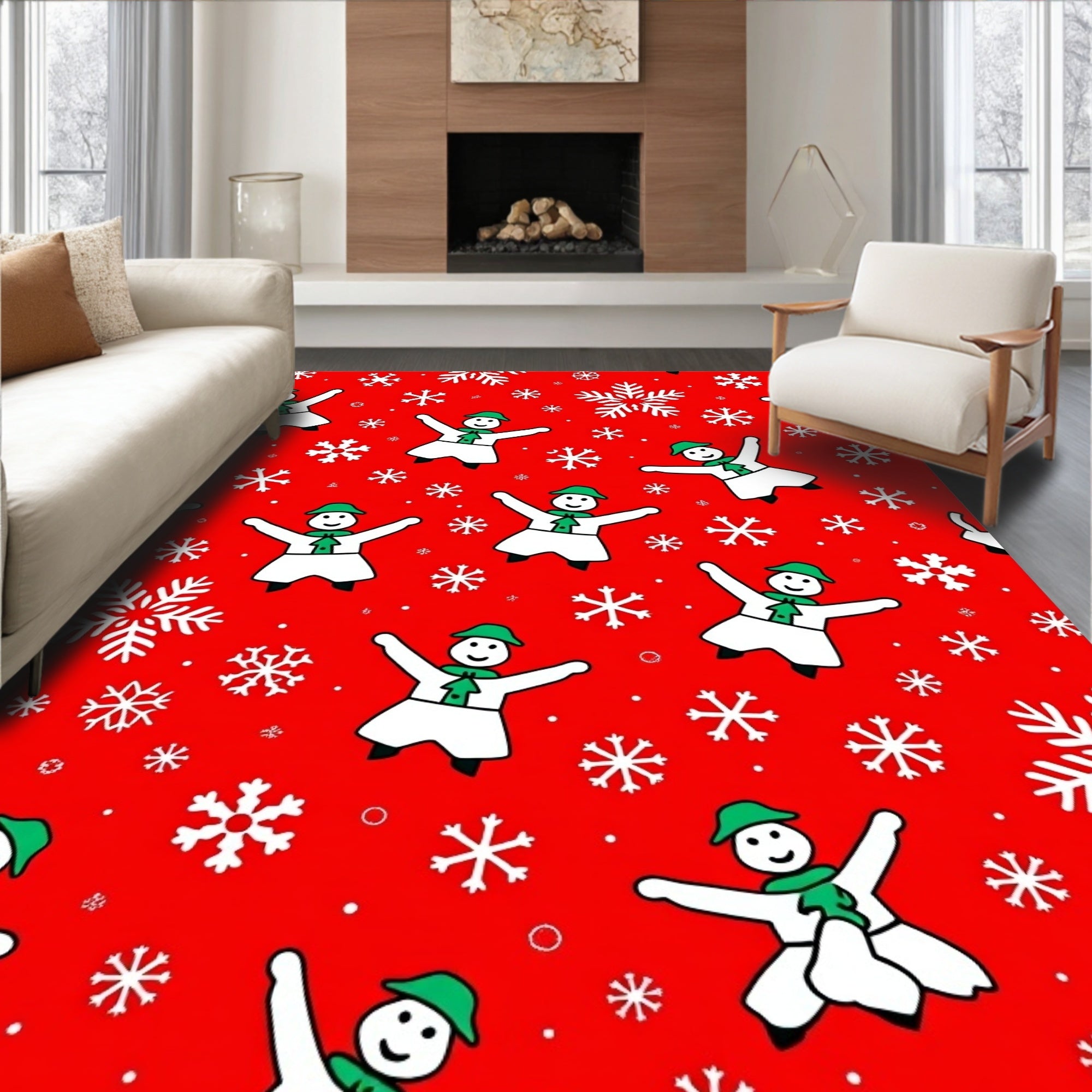 Red Festive Snowman Snowflake Arrangement Rug