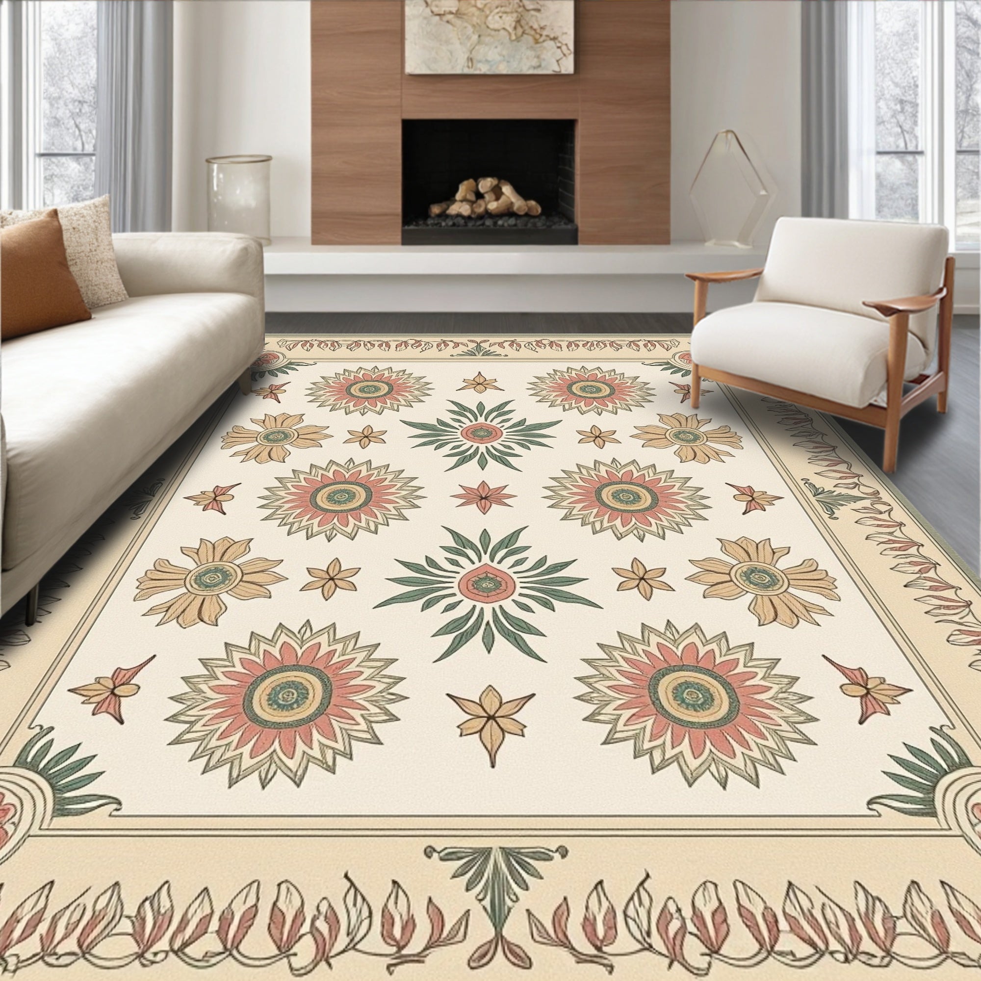 Coral Peach Floral Arrangement Rug