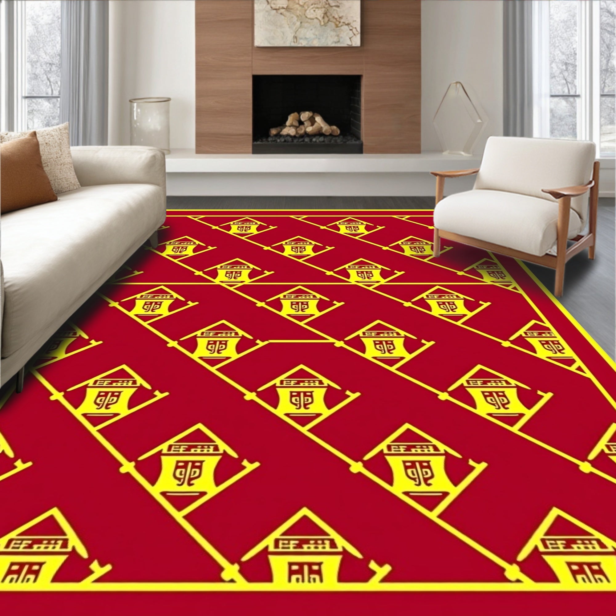 Crimson and Gold Lantern Motif Rug