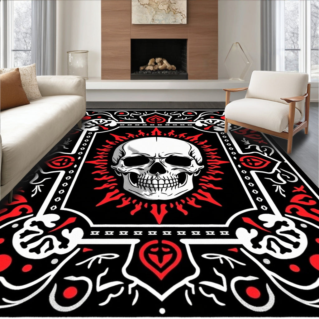 Bold Skull Red Fire Tribal Frame Rug