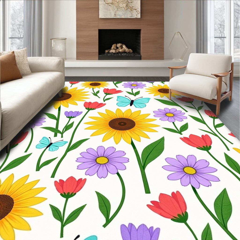 Sunny Yellow Sunflower Meadow Butterflies Rug