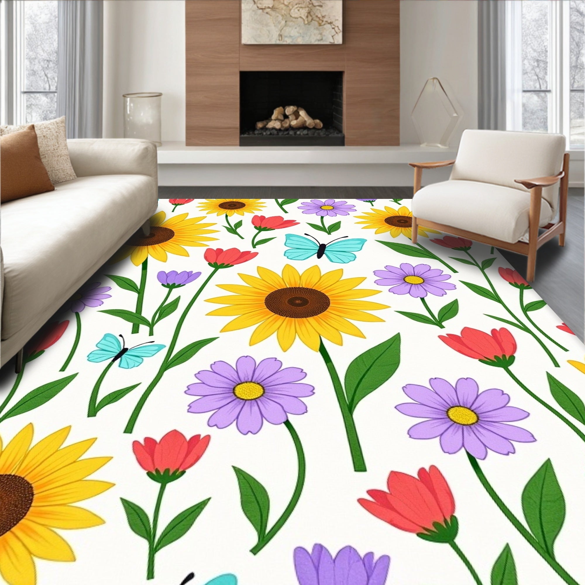 Sunny Yellow Sunflower Meadow Butterflies Rug