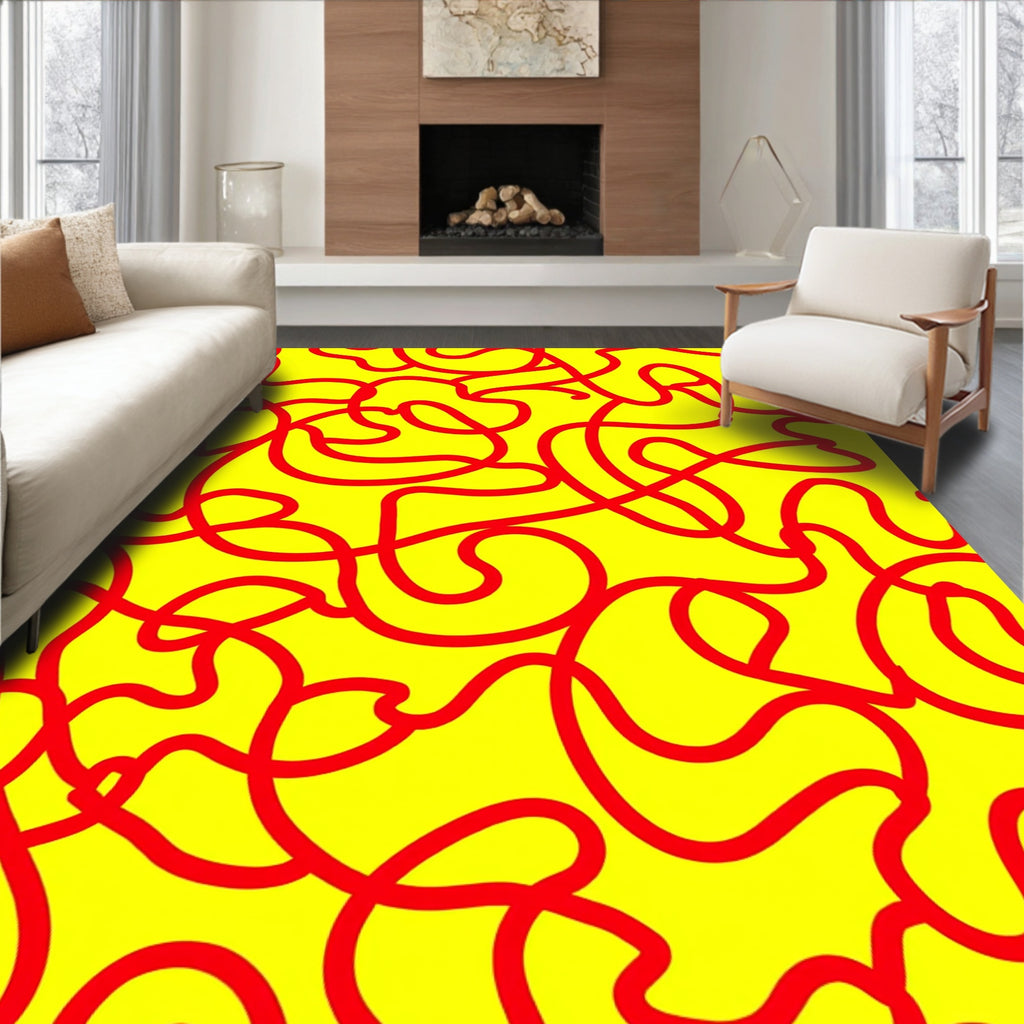 Abstract Red Swirl Yellow Field Rug