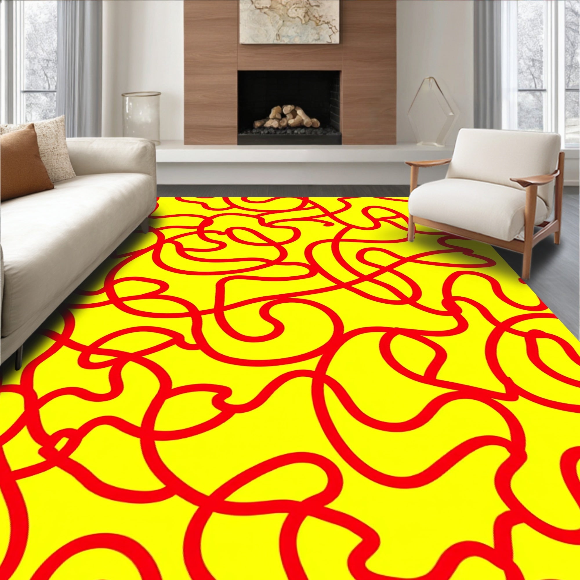 Abstract Red Swirl Yellow Field Rug