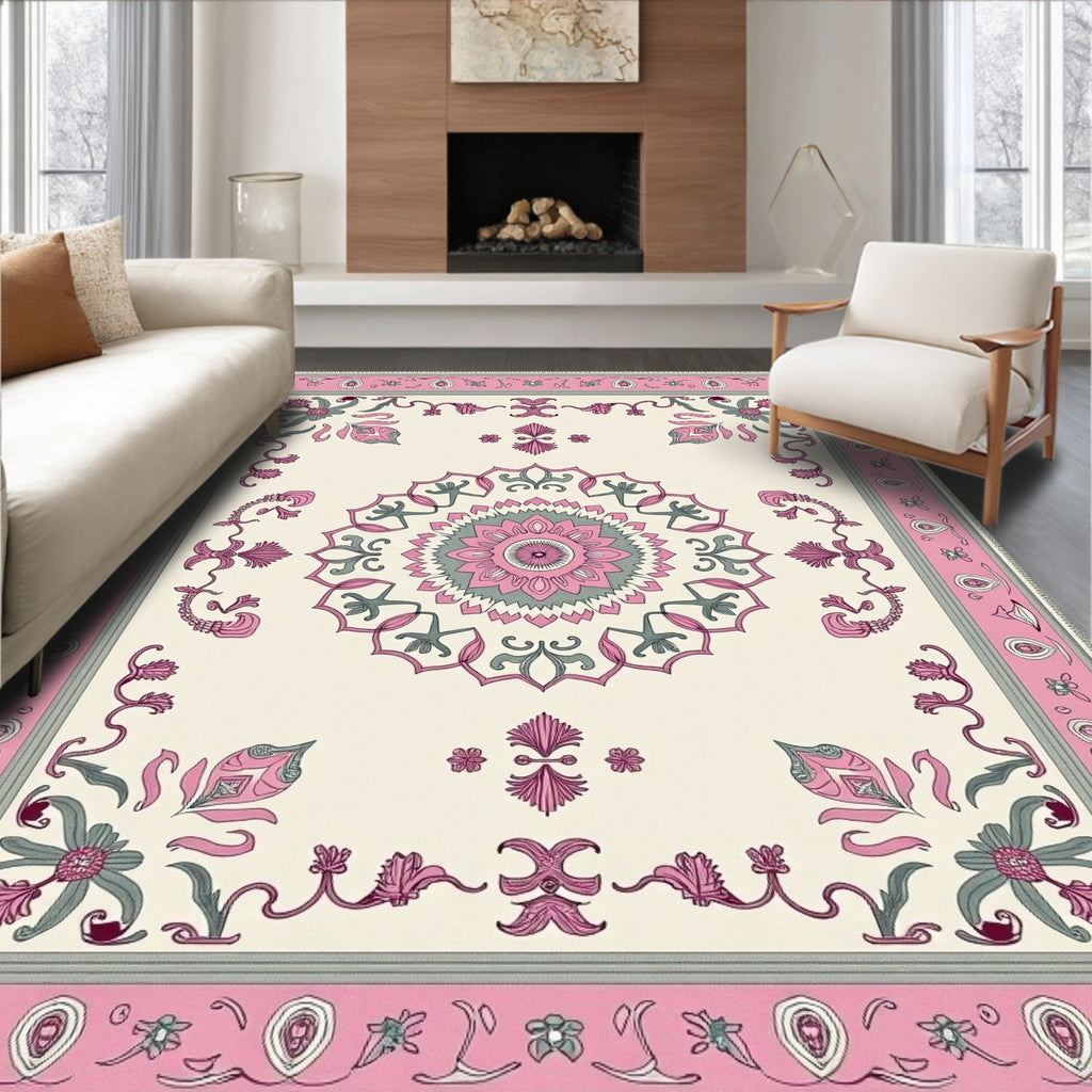 Pink Gray Cream Floral Medallion Border Rug