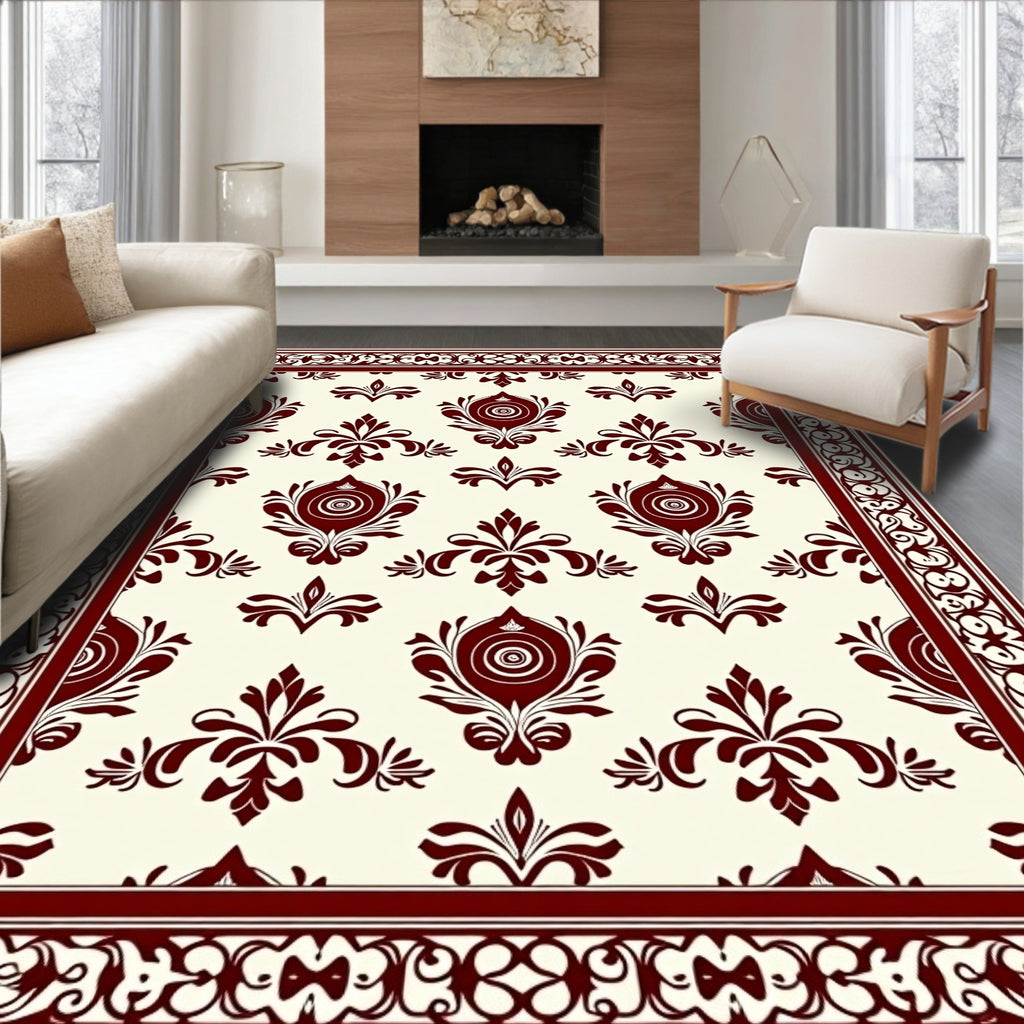 Deep Red Floral Damask Border Rug