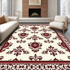 Deep Red Floral Damask Border Rug