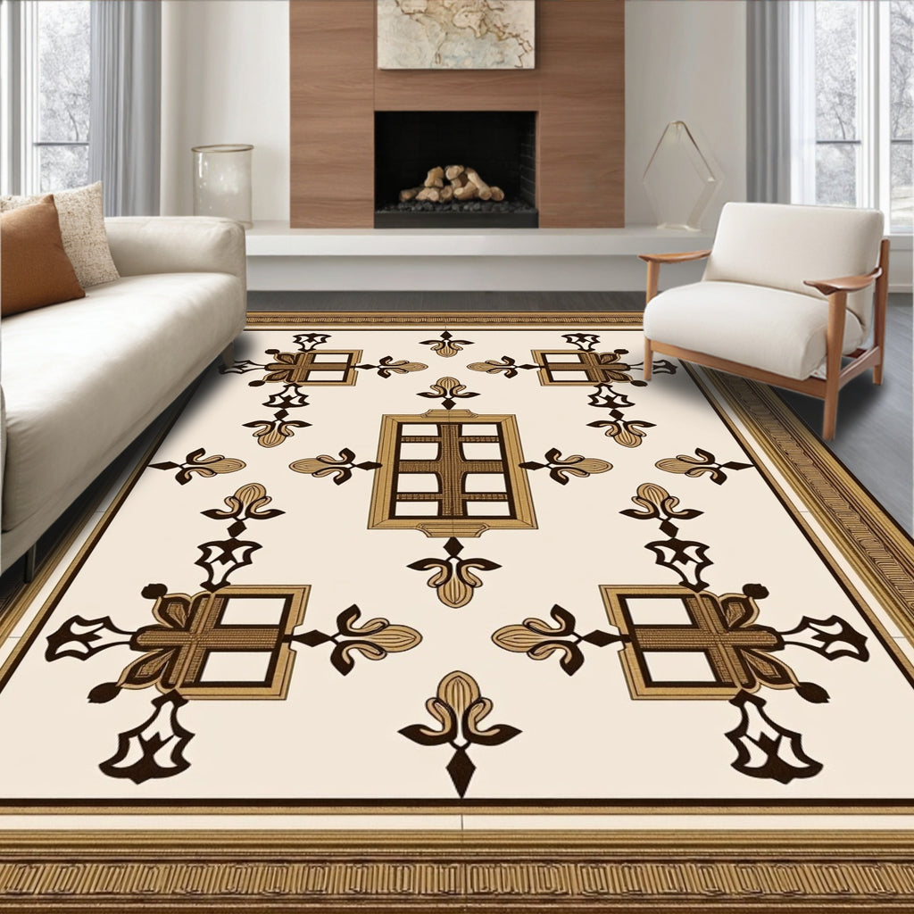 Ornate Gold and Brown Geometric Square Rug