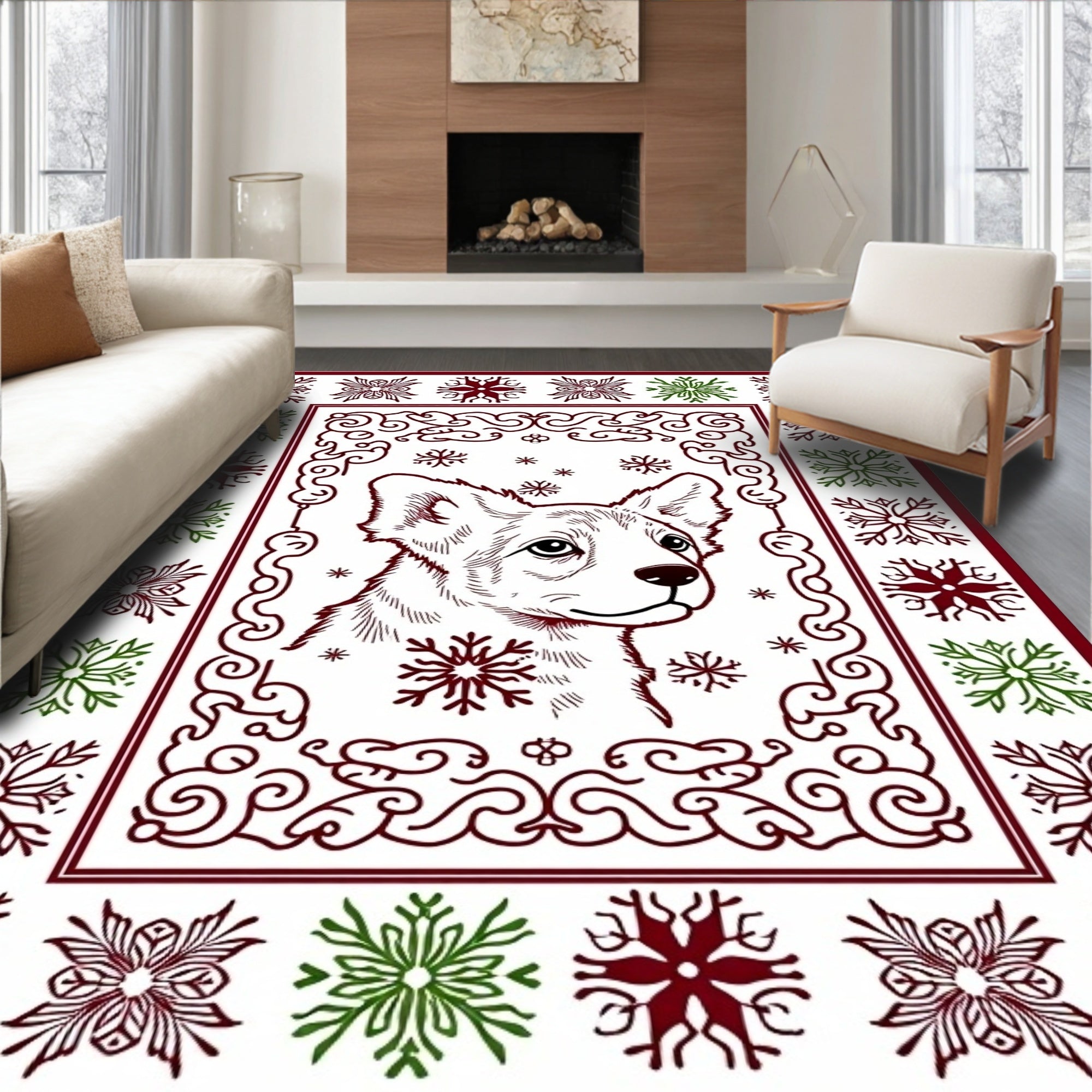 Corgi Snowflakes Red Green Border Rug