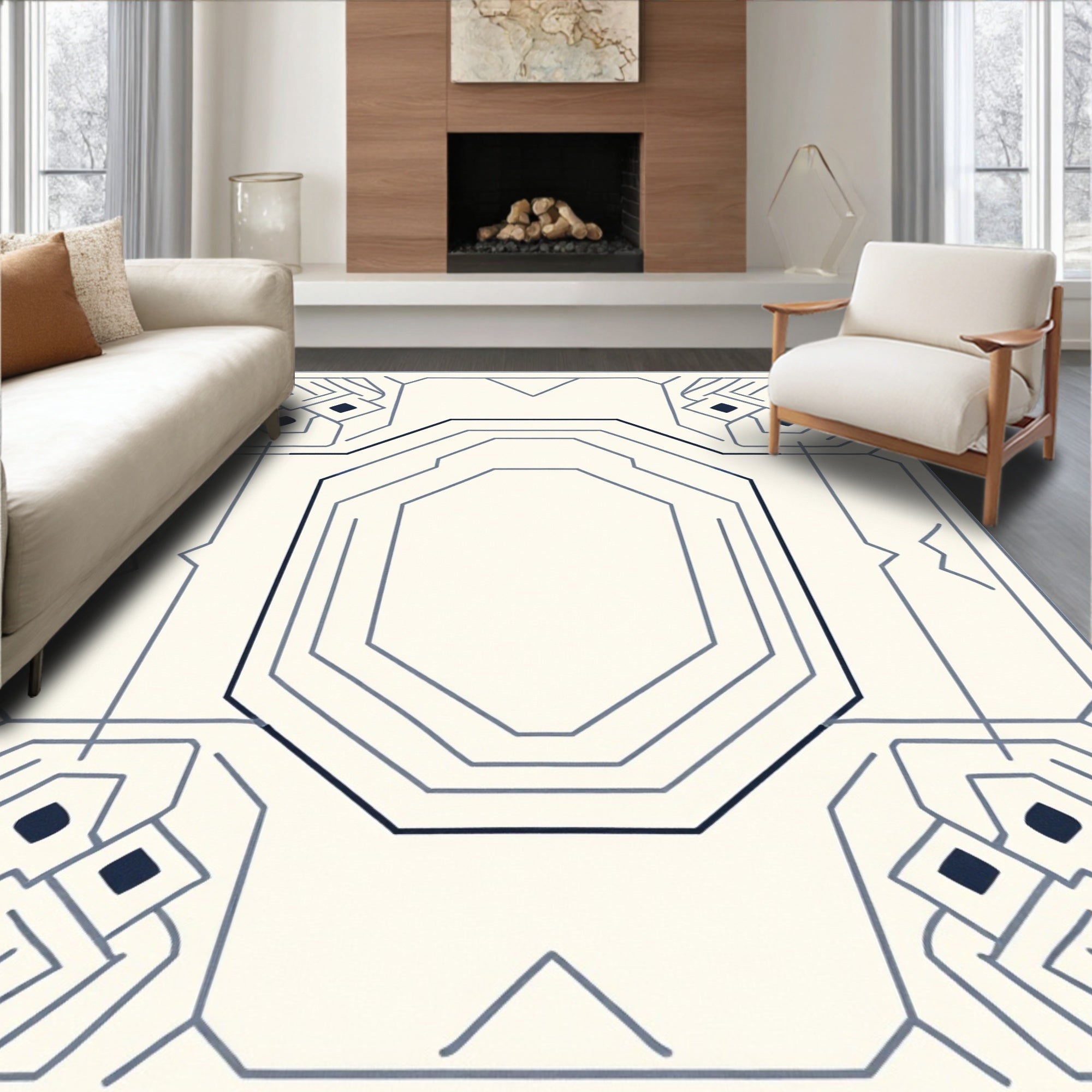 Modern Geometric Gray Linear Octagon Rug