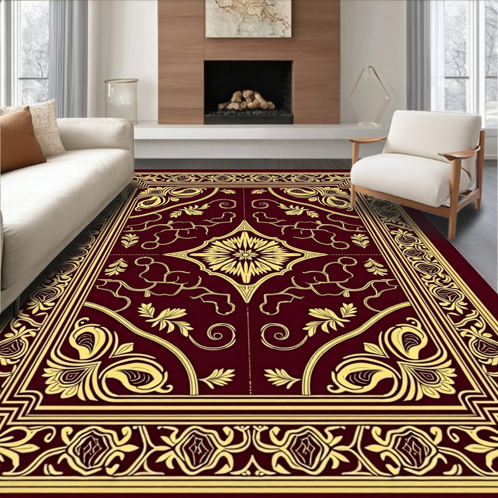 Rich Crimson Golden Floral Border Rug