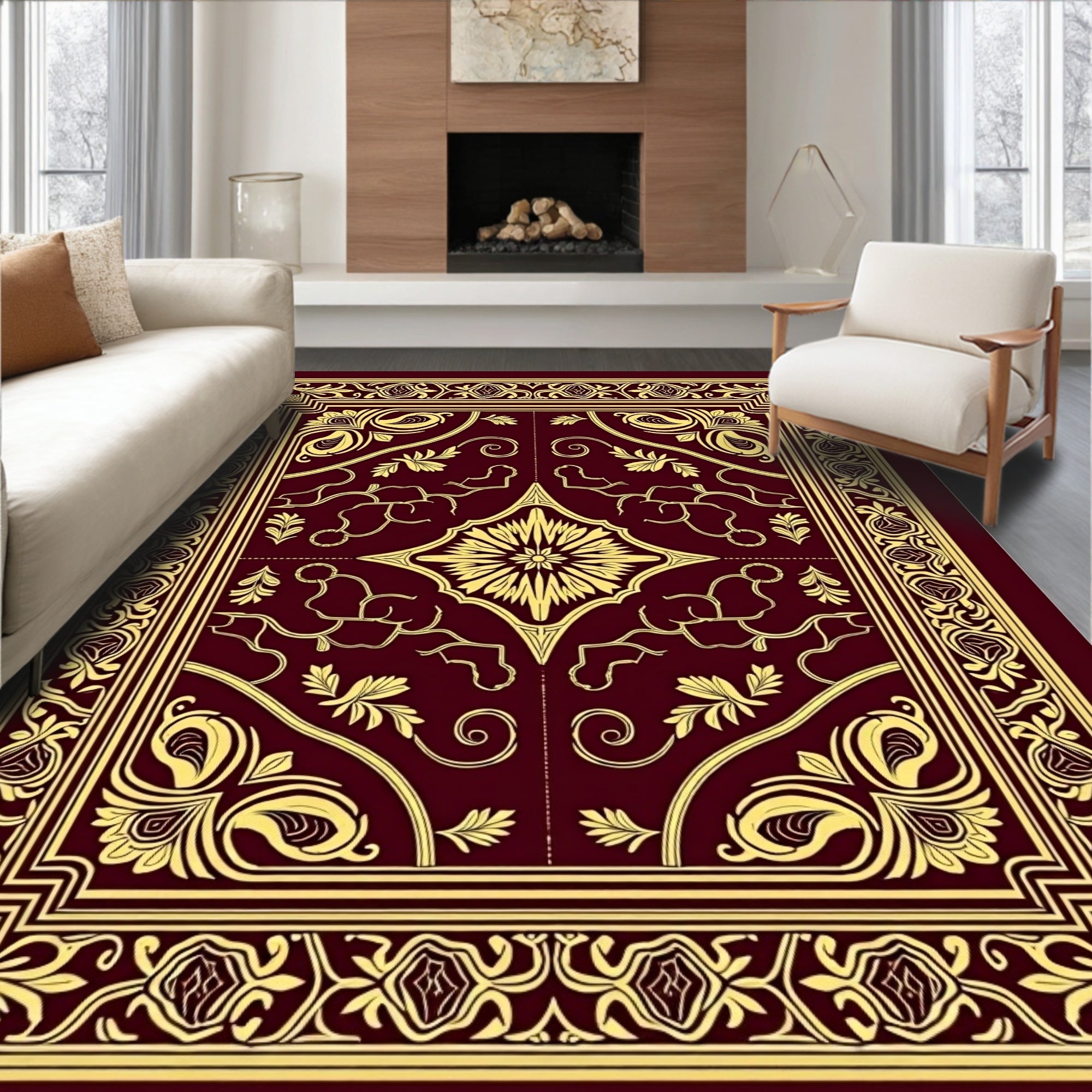 Rich Crimson Golden Floral Border Rug