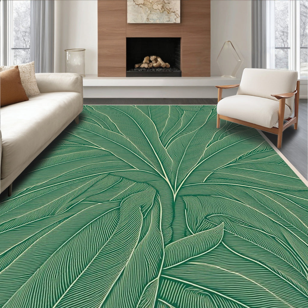 Green Tropical Leaf Line Art Rug