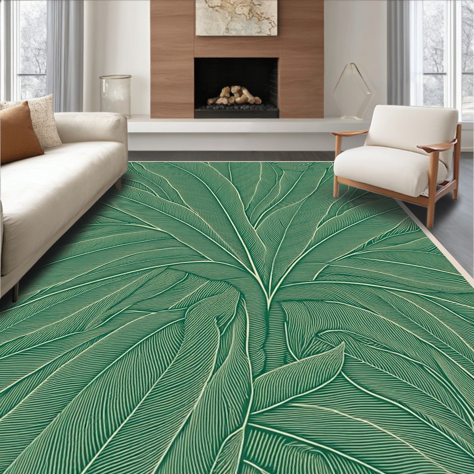 Green Tropical Leaf Line Art Rug