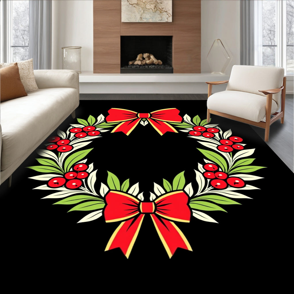 Red Bow Green Leaf Berry Wreath Rug