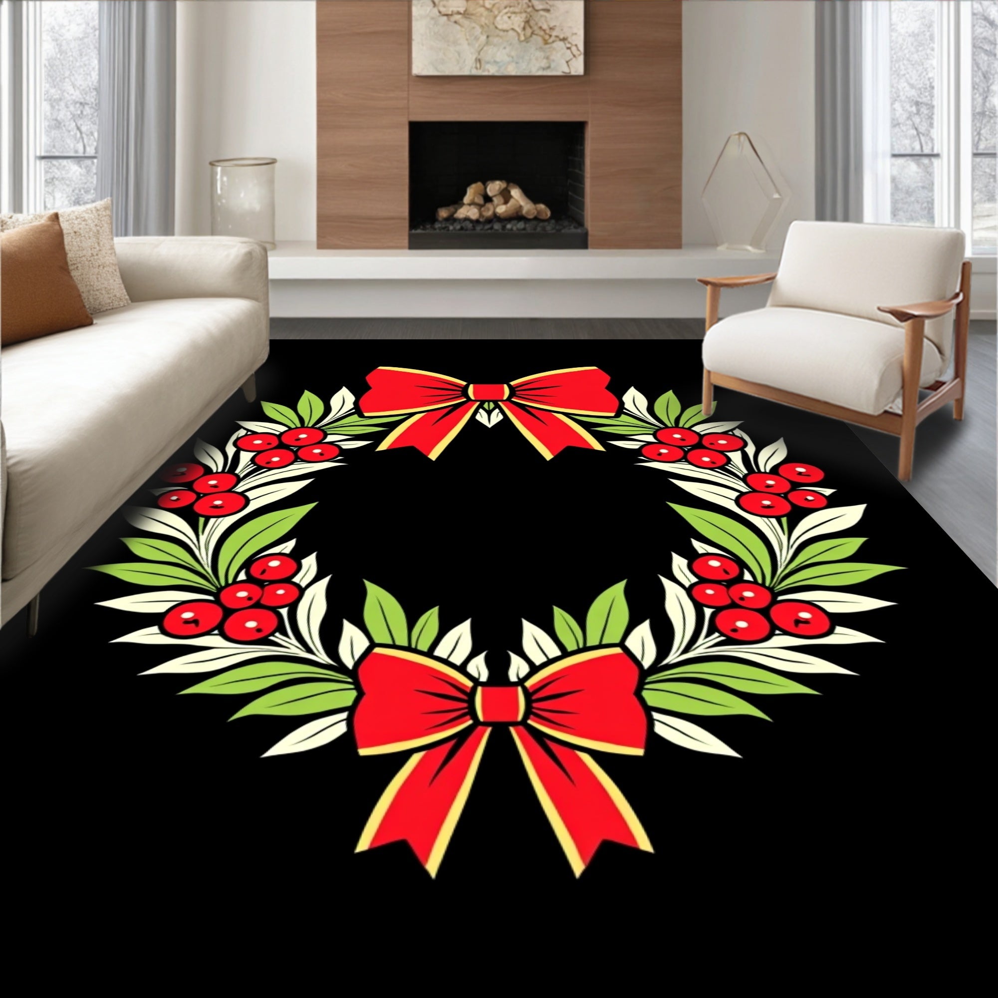 Red Bow Green Leaf Berry Wreath Rug