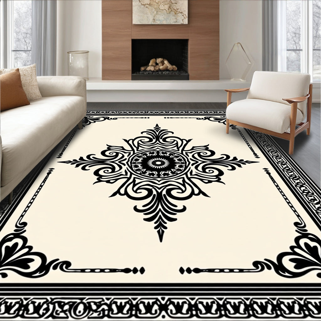 Cream Black Ornamental Floral Medallion Rug