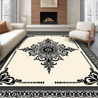 Cream Black Ornamental Floral Medallion Rug