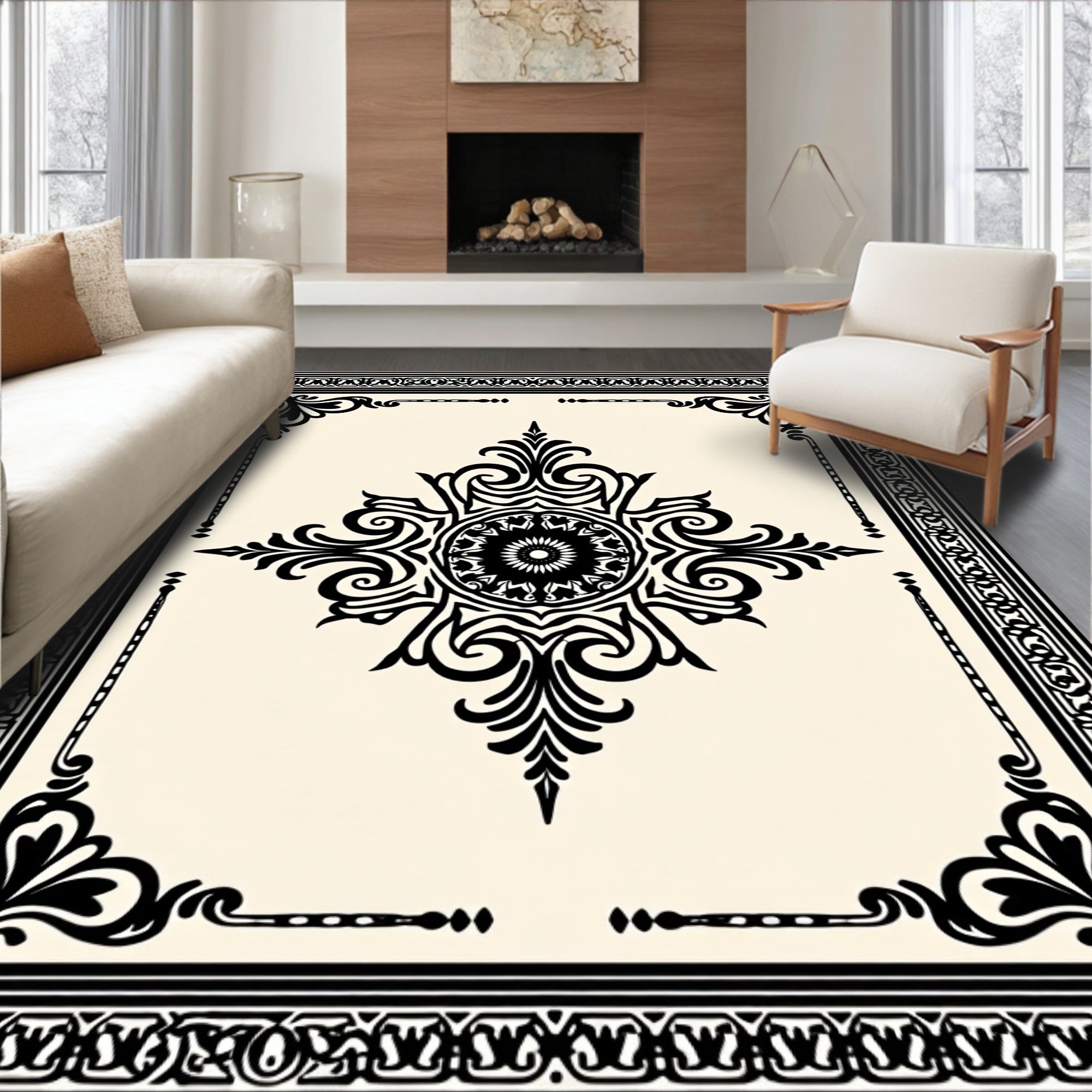 Cream Black Ornamental Floral Medallion Rug