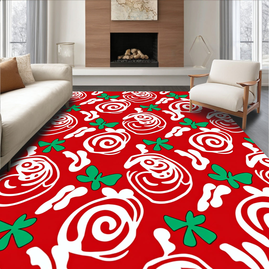 Vivid Red White Green Abstract Swirls Rug