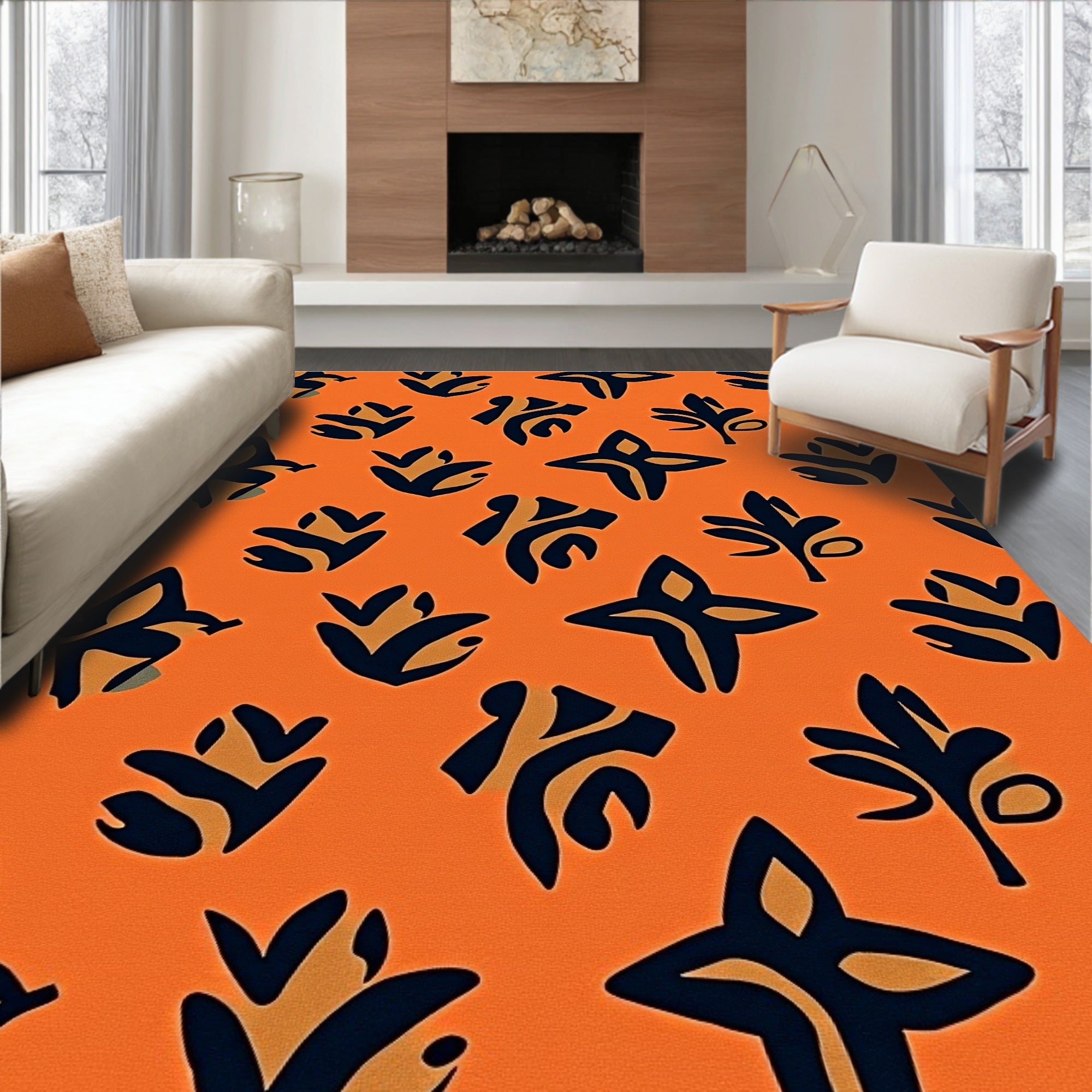 Orange and Navy Abstract Floral Shapes Rug