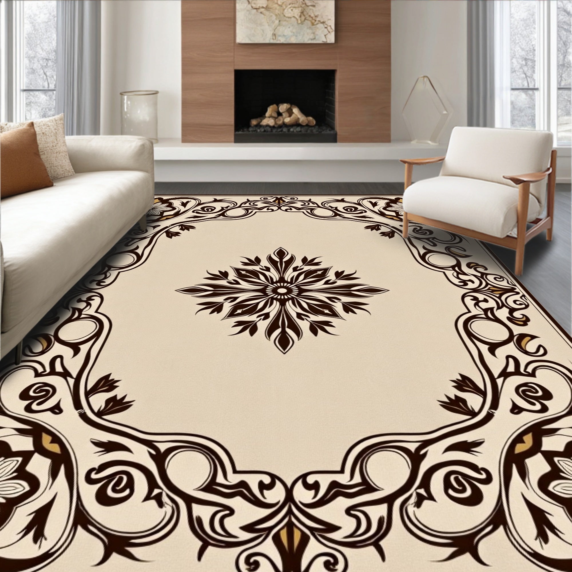 Cream Brown Floral Scroll Medallion Rug