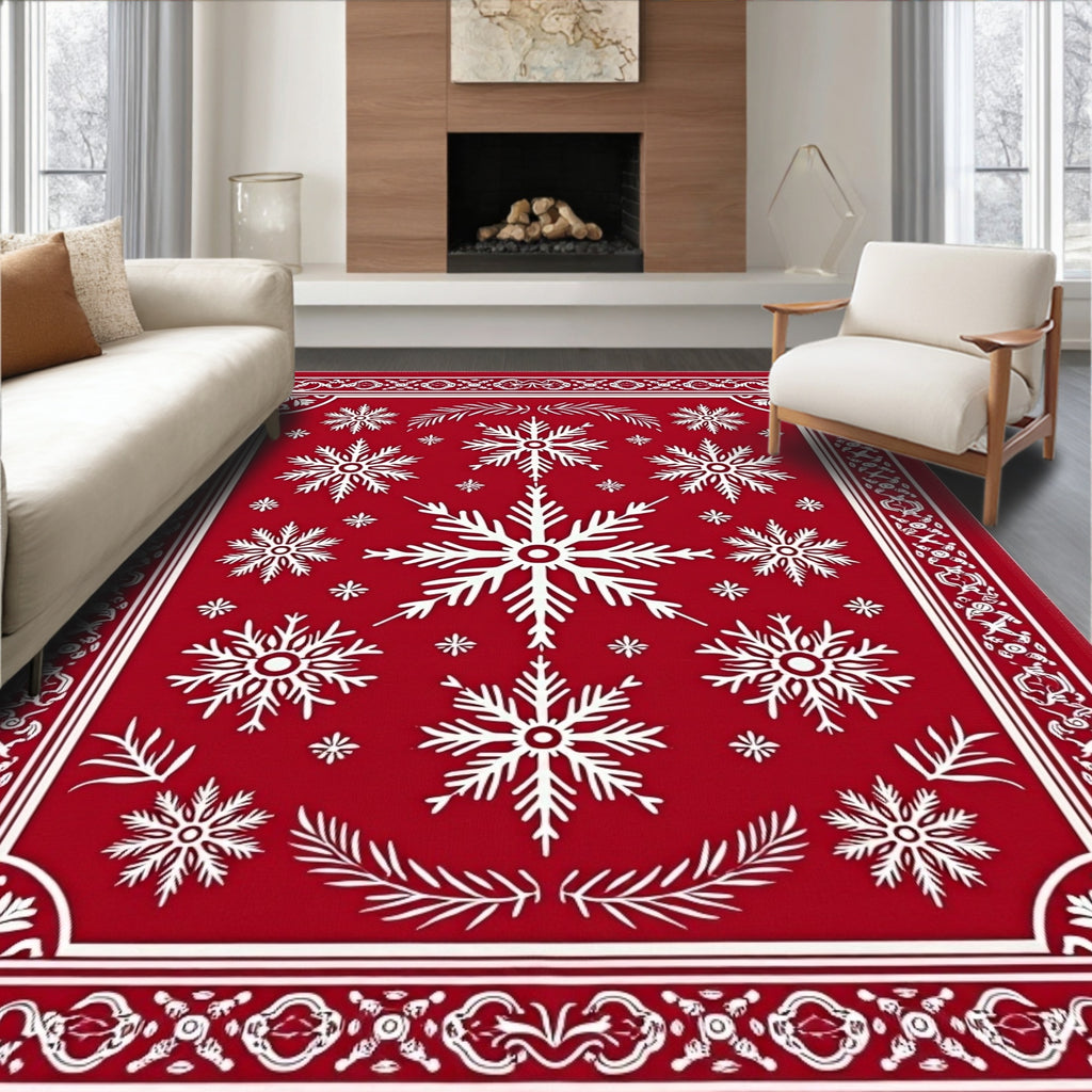 Crimson Snowflakes Ornate Border Rug