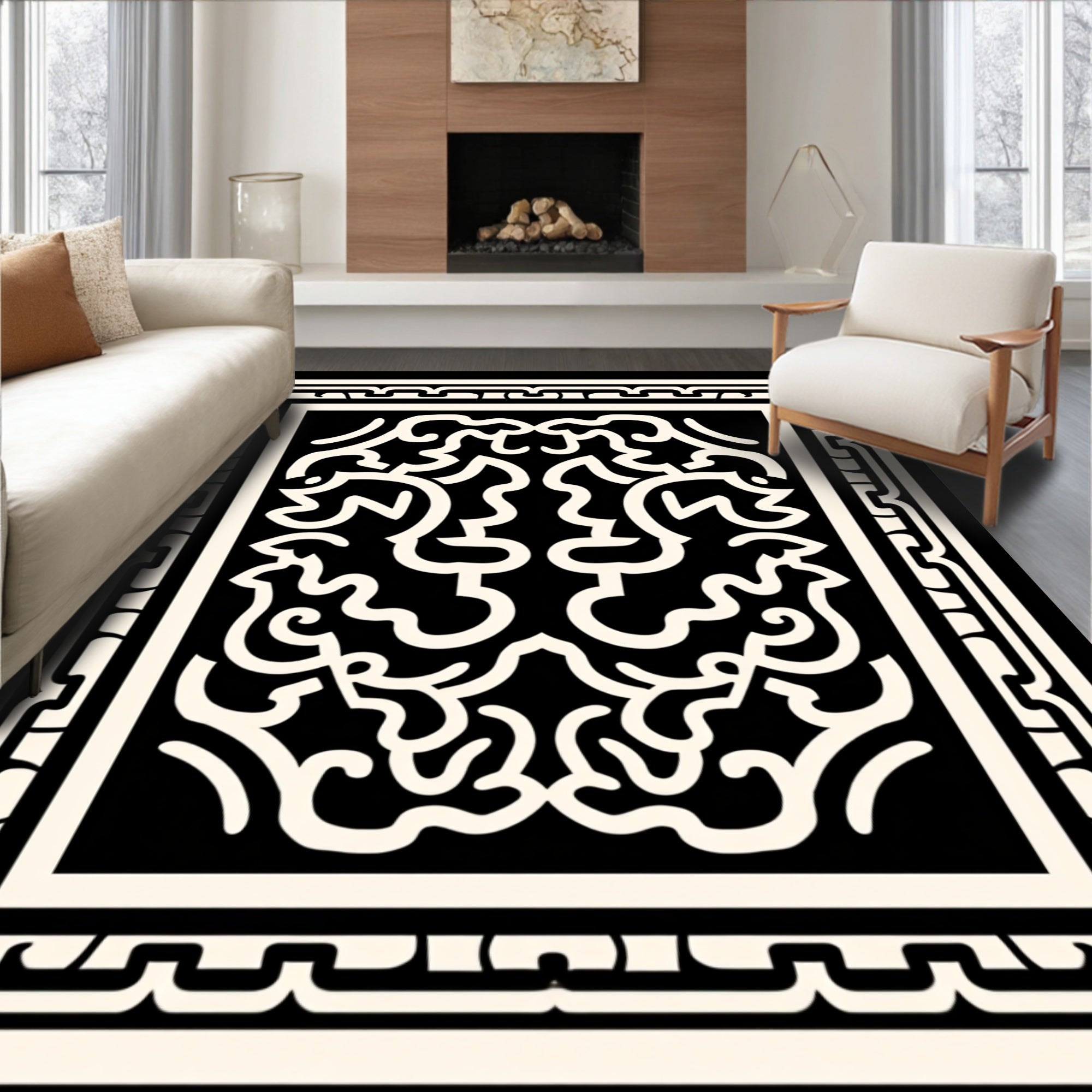 Black and Cream Scrollwork Frame Rug