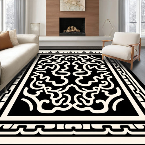 Black and Cream Scrollwork Frame Rug