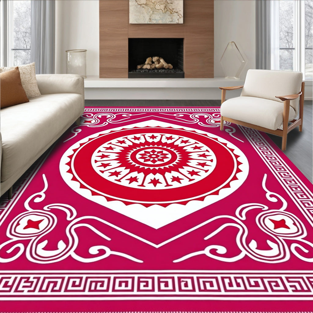Vibrant Red Mandala Geometric Border Rug