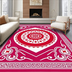 Vibrant Red Mandala Geometric Border Rug