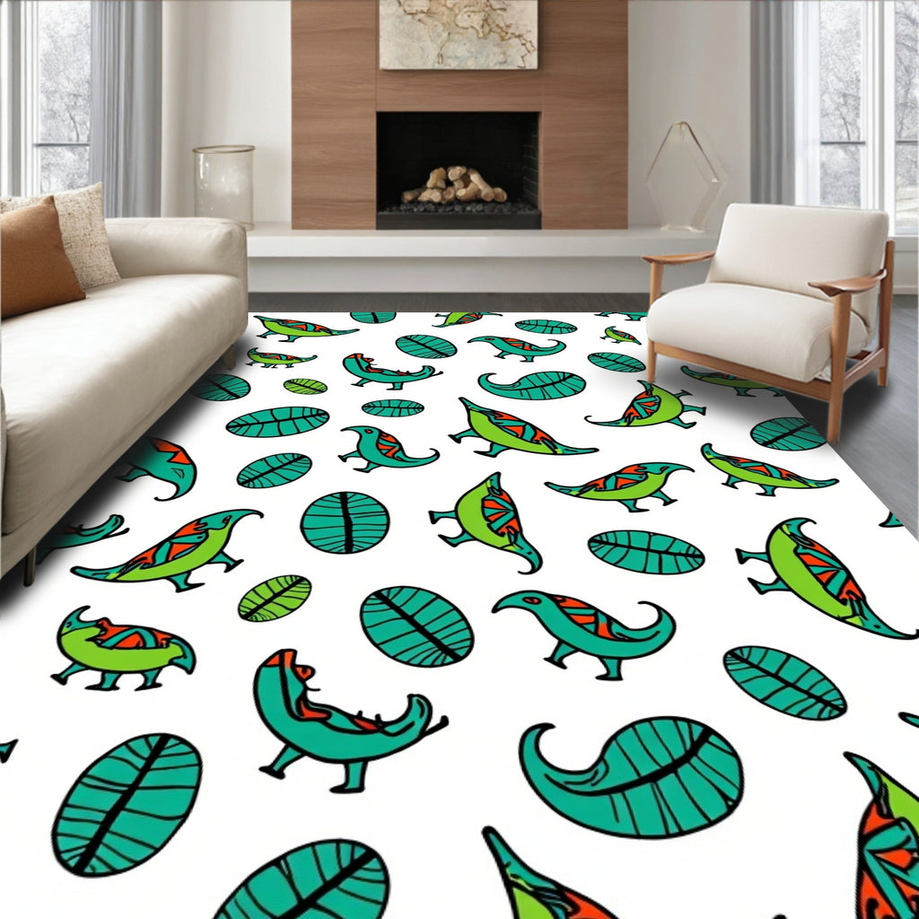 Turquoise Green Dinosaur Leaves Whimsical Rug