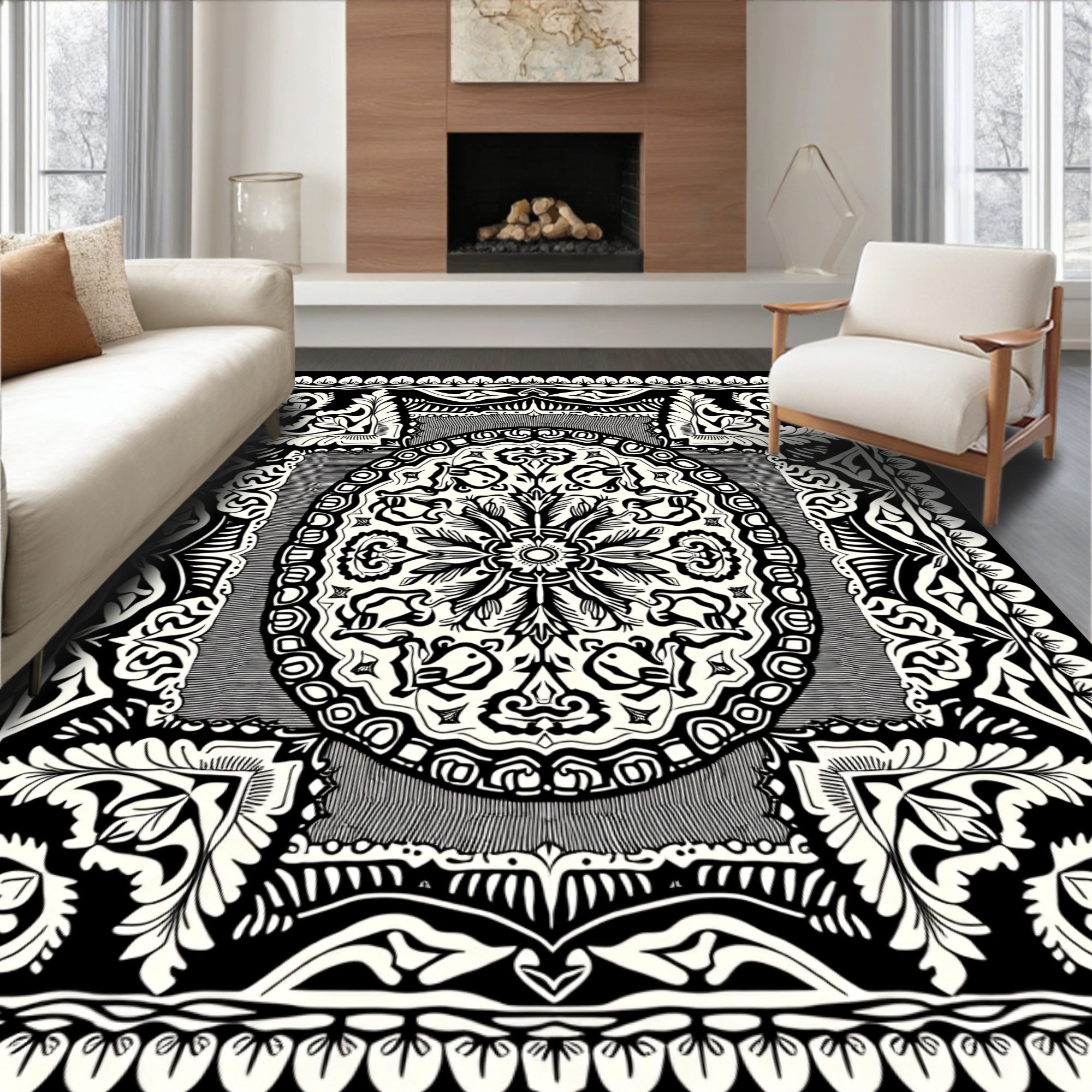 Monochromatic Ornate Floral Medallion Rug