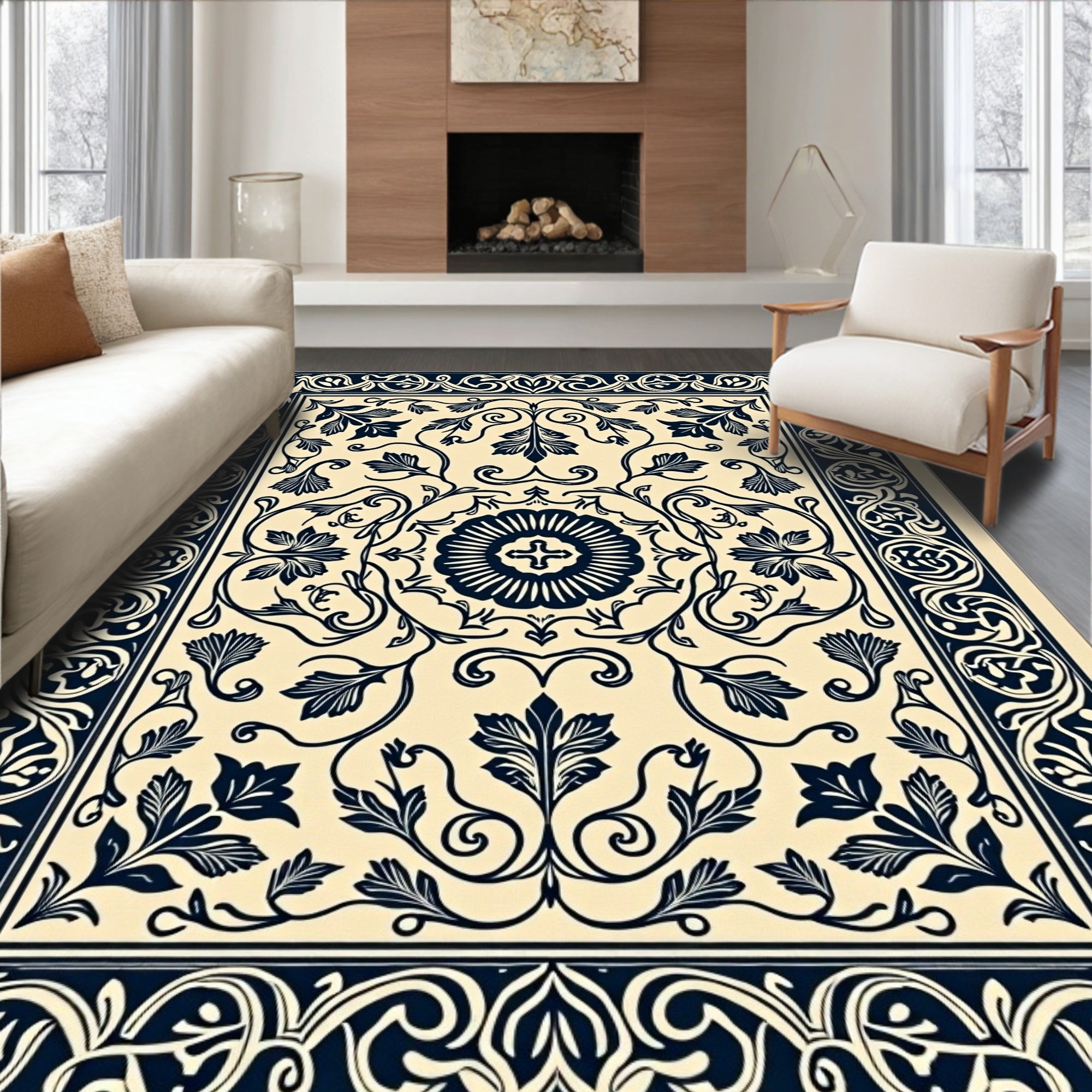 Vintage Navy Floral Bordered Rug
