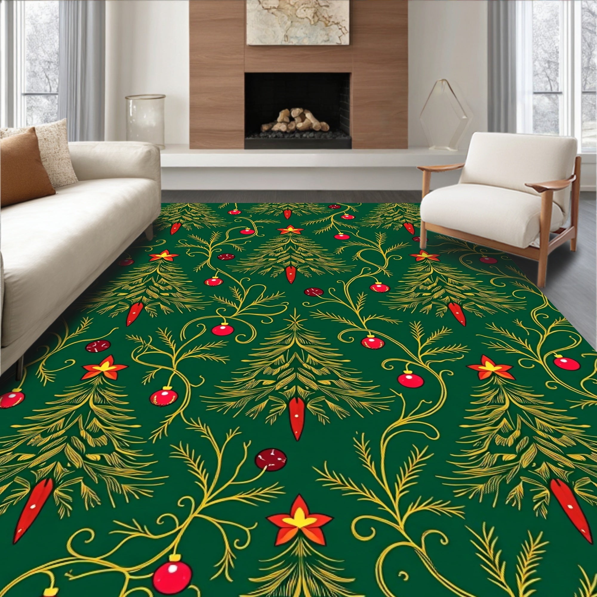 Green Red Gold Christmas Tree Garland Rug