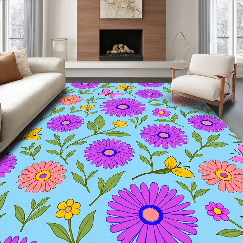 Retro Pink Yellow Purple Daisy Butterflies Rug