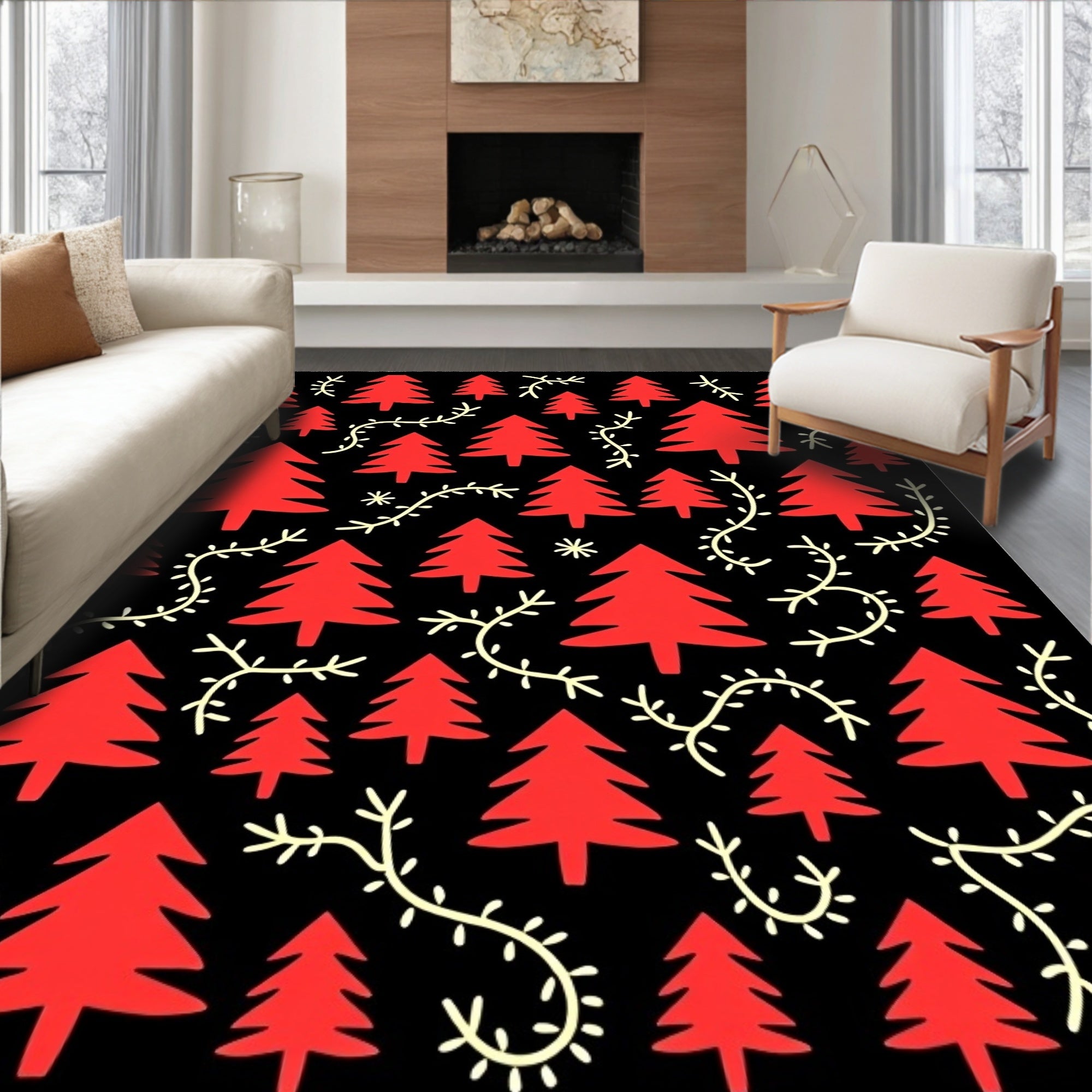 Red Evergreen Branches on Black Rug