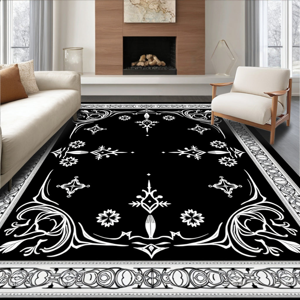 Elegant Black White Floral Border Rug