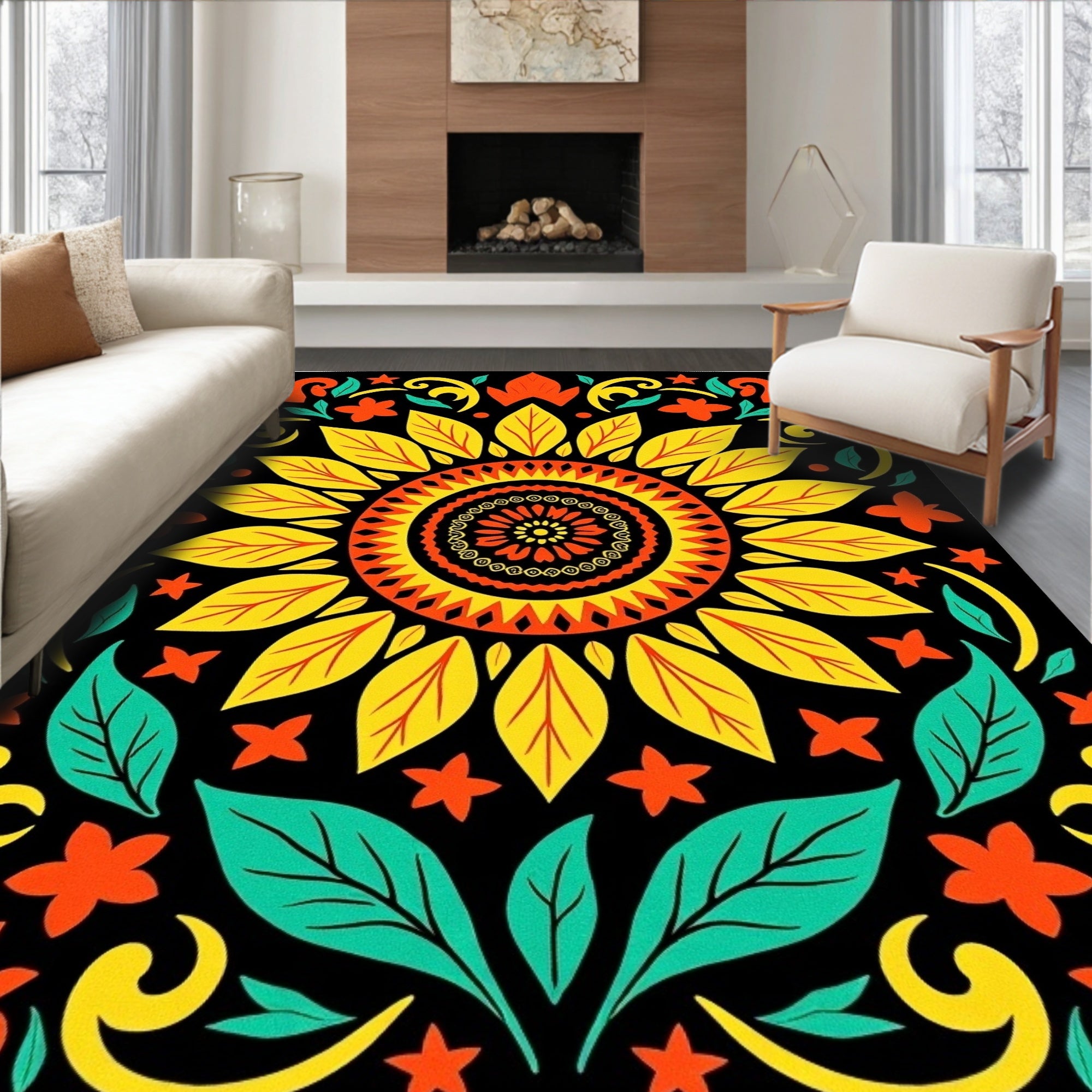 Vibrant Sunburst Floral Folk Art Rug