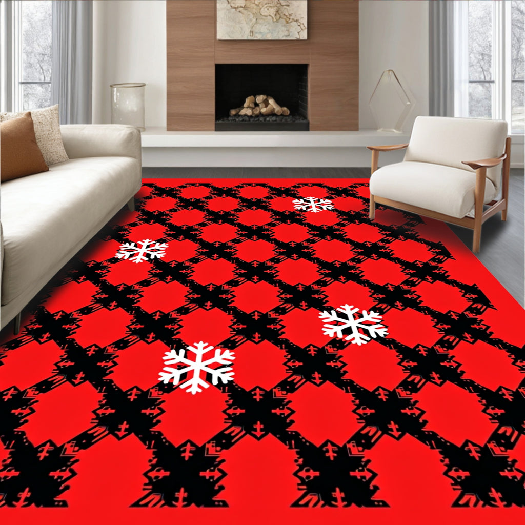 Red Black Snowflake Geometric Grid Rug