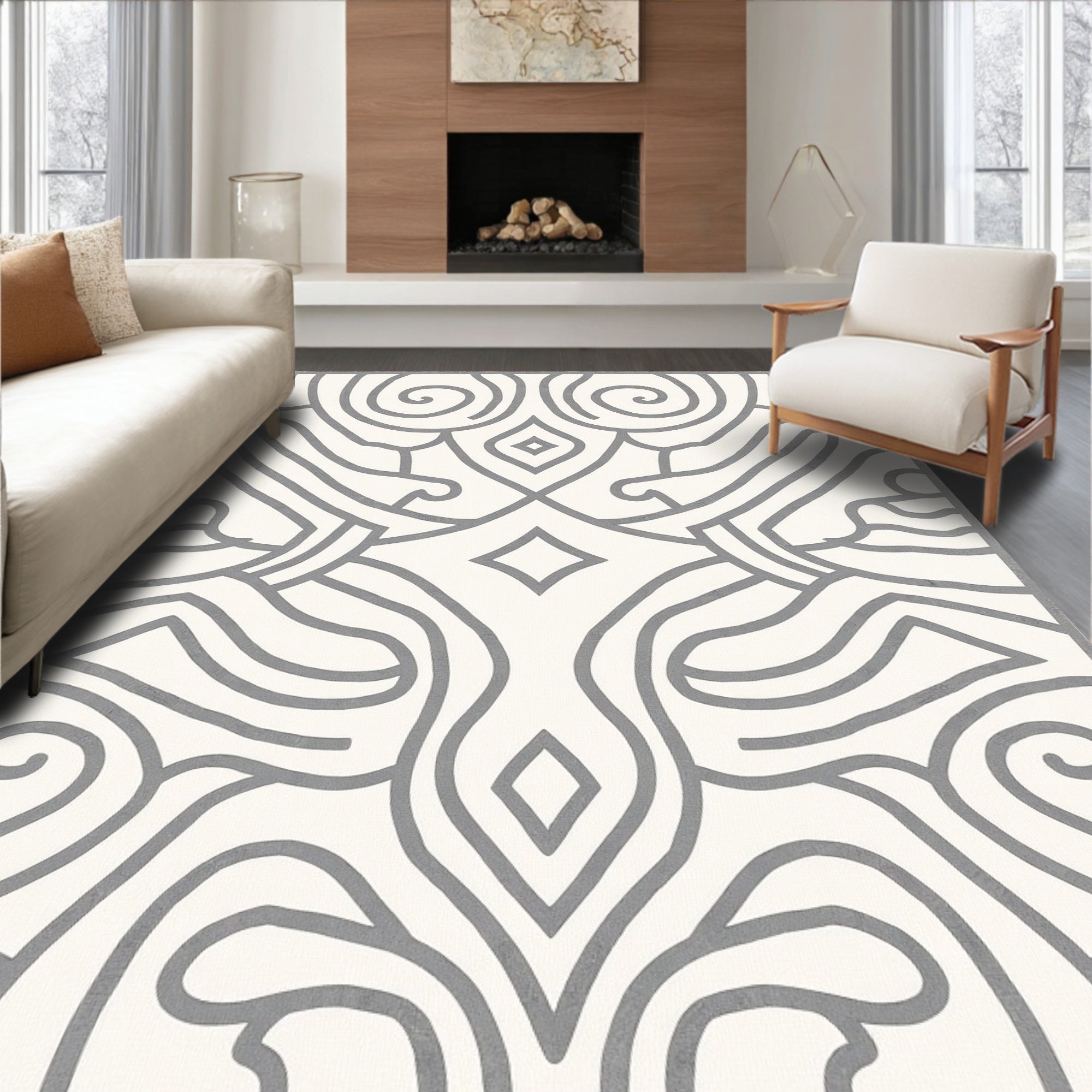 Cream Gray Abstract Swirl Medallion Rug