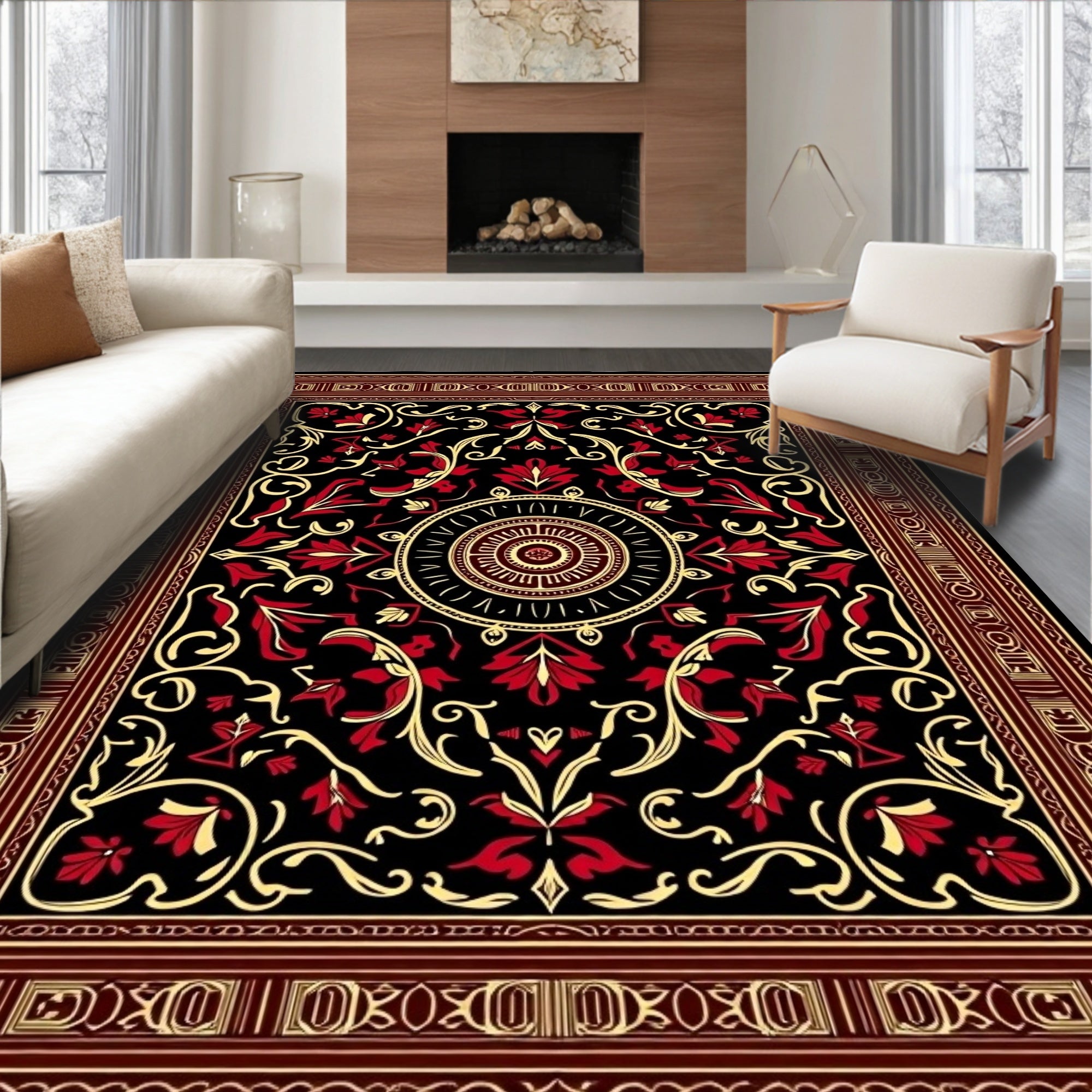 Bold Red Golden Floral Medallion Rug