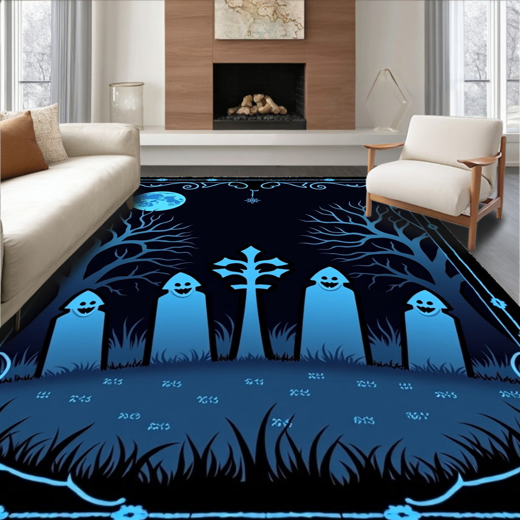 Eerie Blue Graveyard Moonlit Night Rug