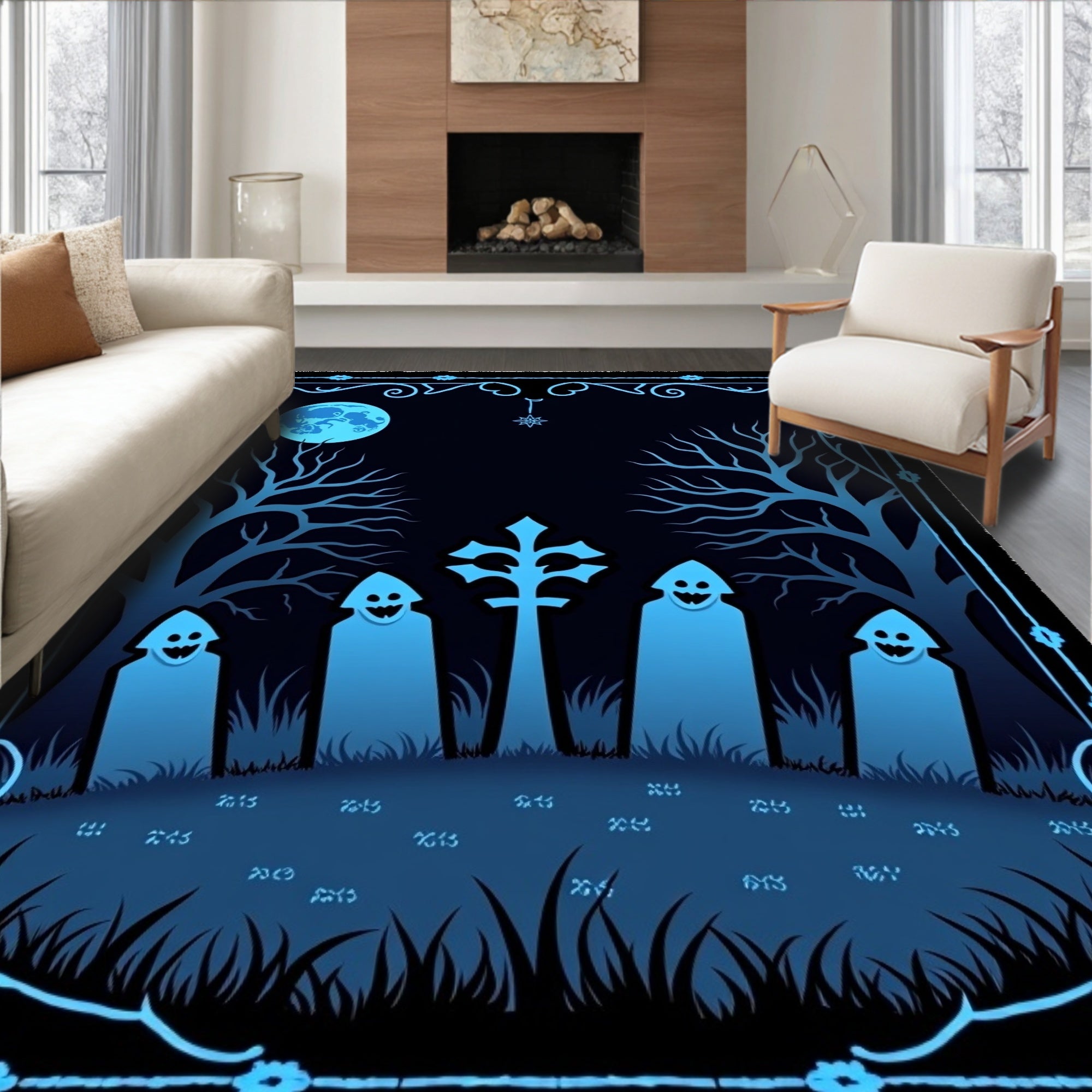 Eerie Blue Graveyard Moonlit Night Rug