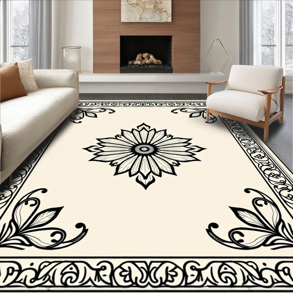 Cream Black Floral Bordered Medallion Rug