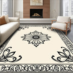 Cream Black Floral Bordered Medallion Rug