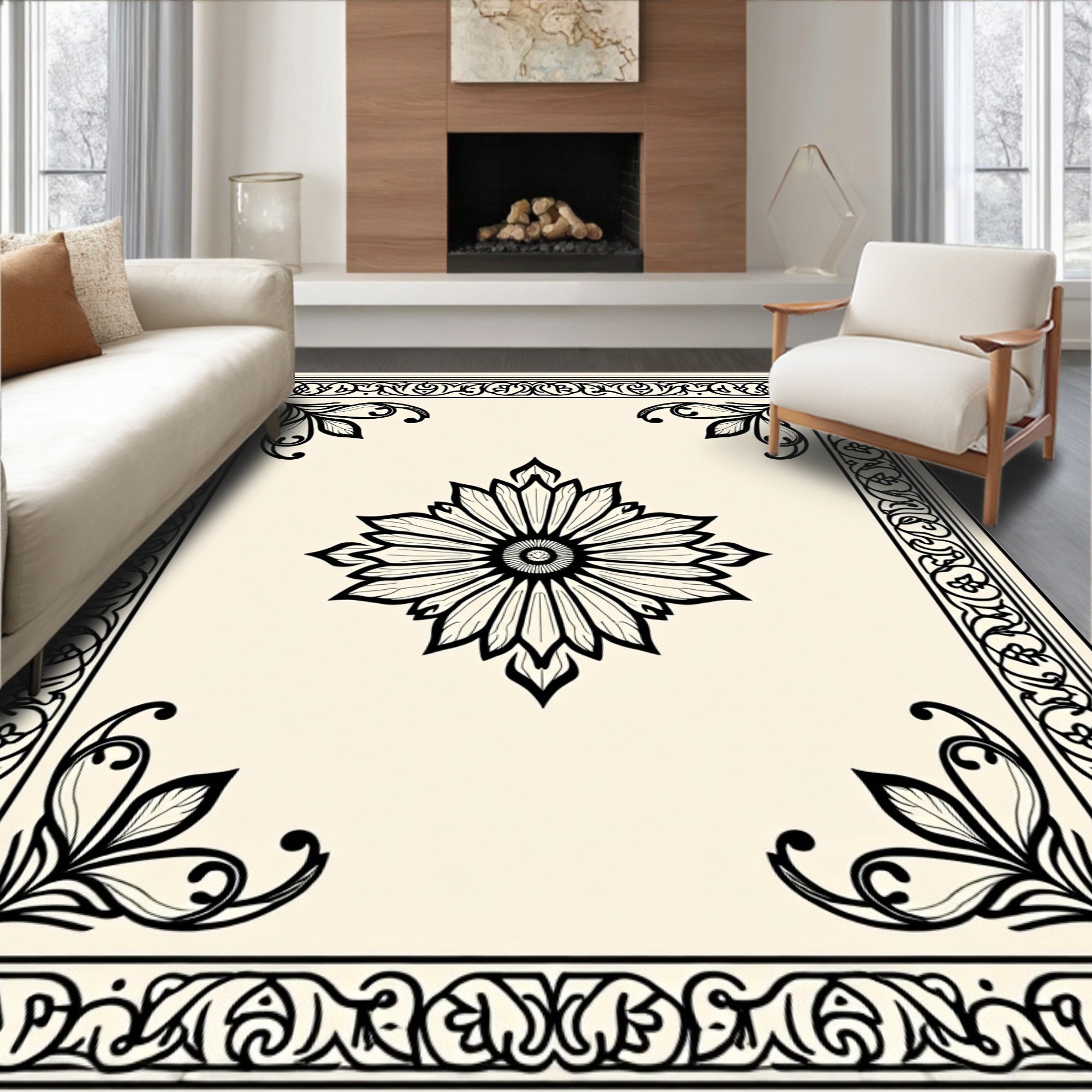 Cream Black Floral Bordered Medallion Rug