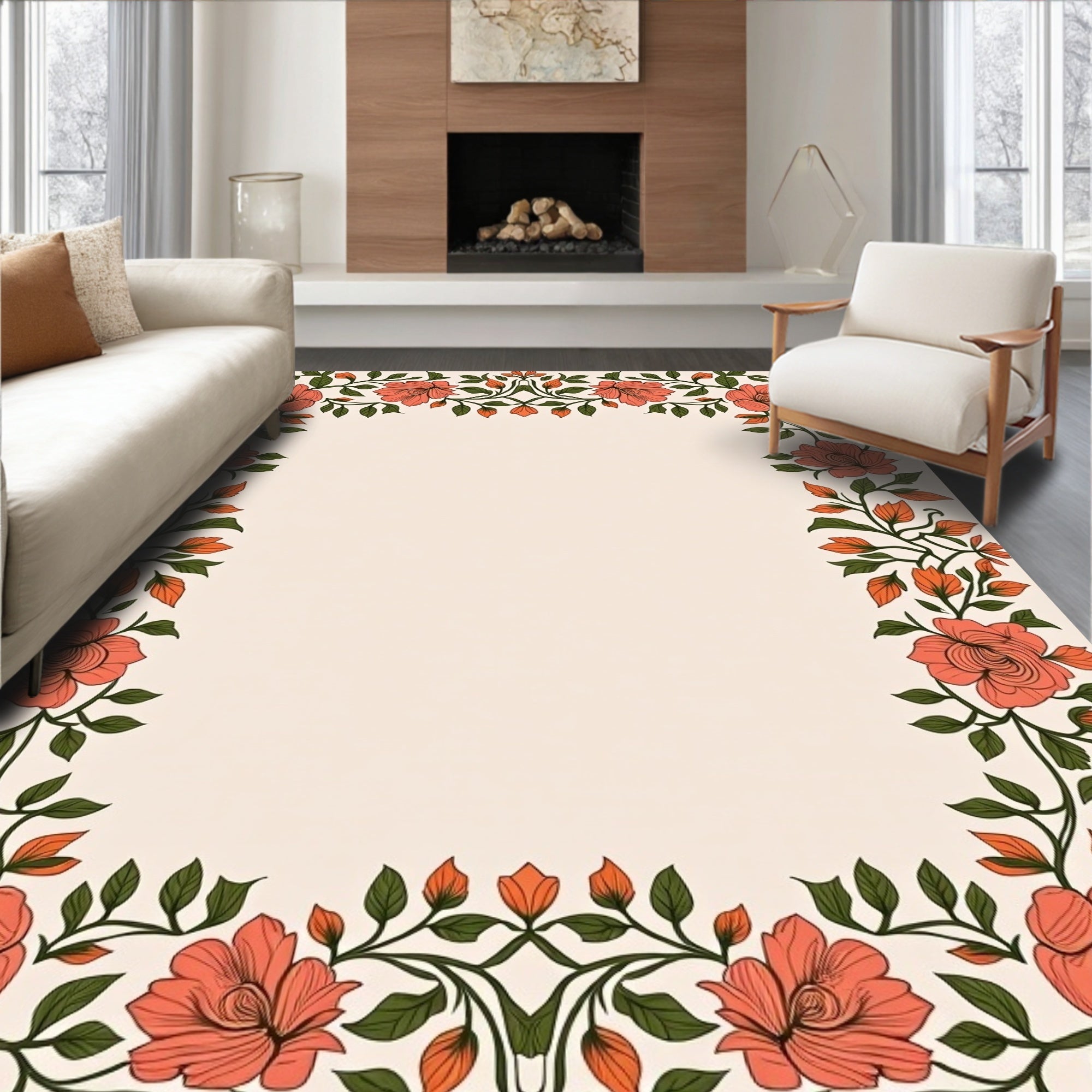Coral Floral Vine Border Rug