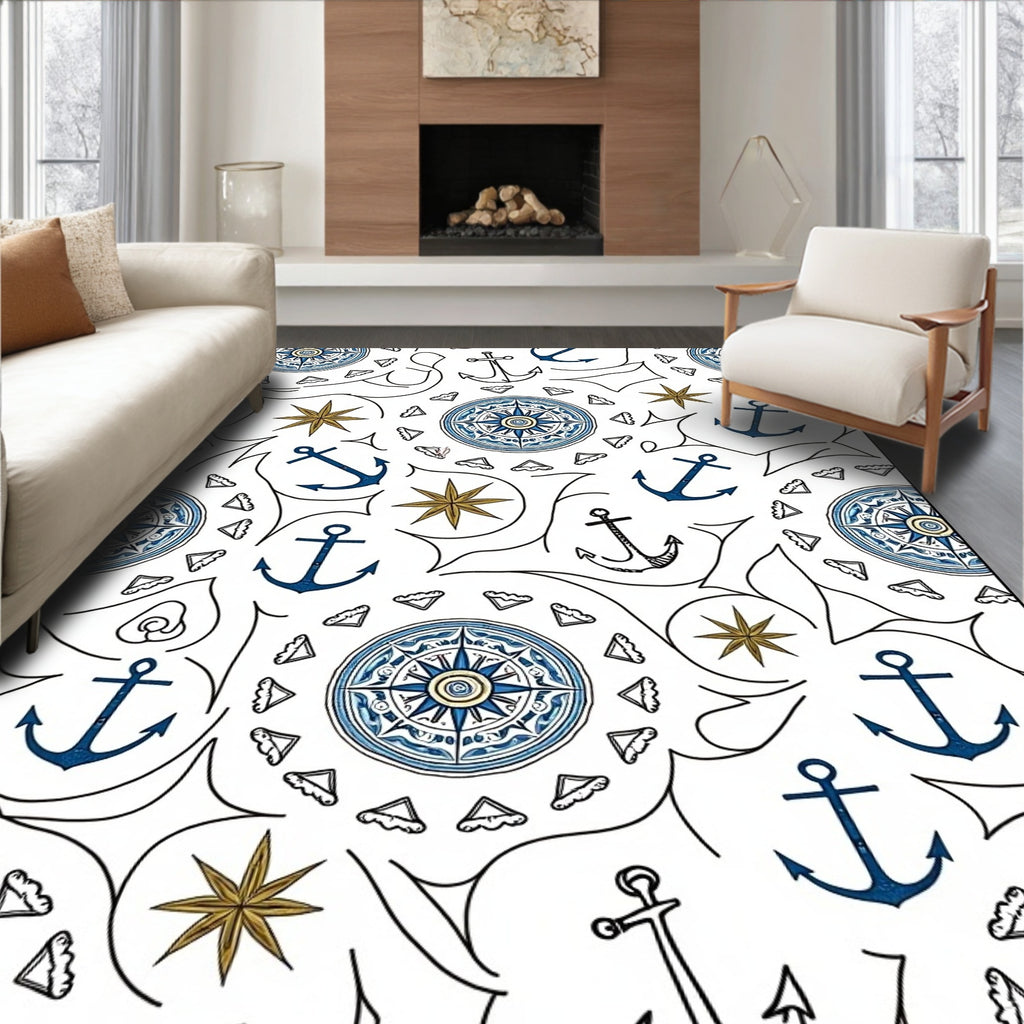 Nautical Anchors Compasses Starburst Chart Rug