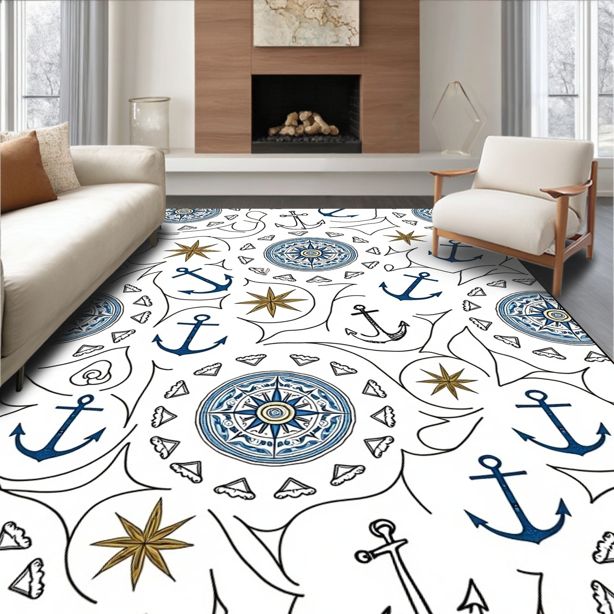 Nautical Anchors Compasses Starburst Chart Rug